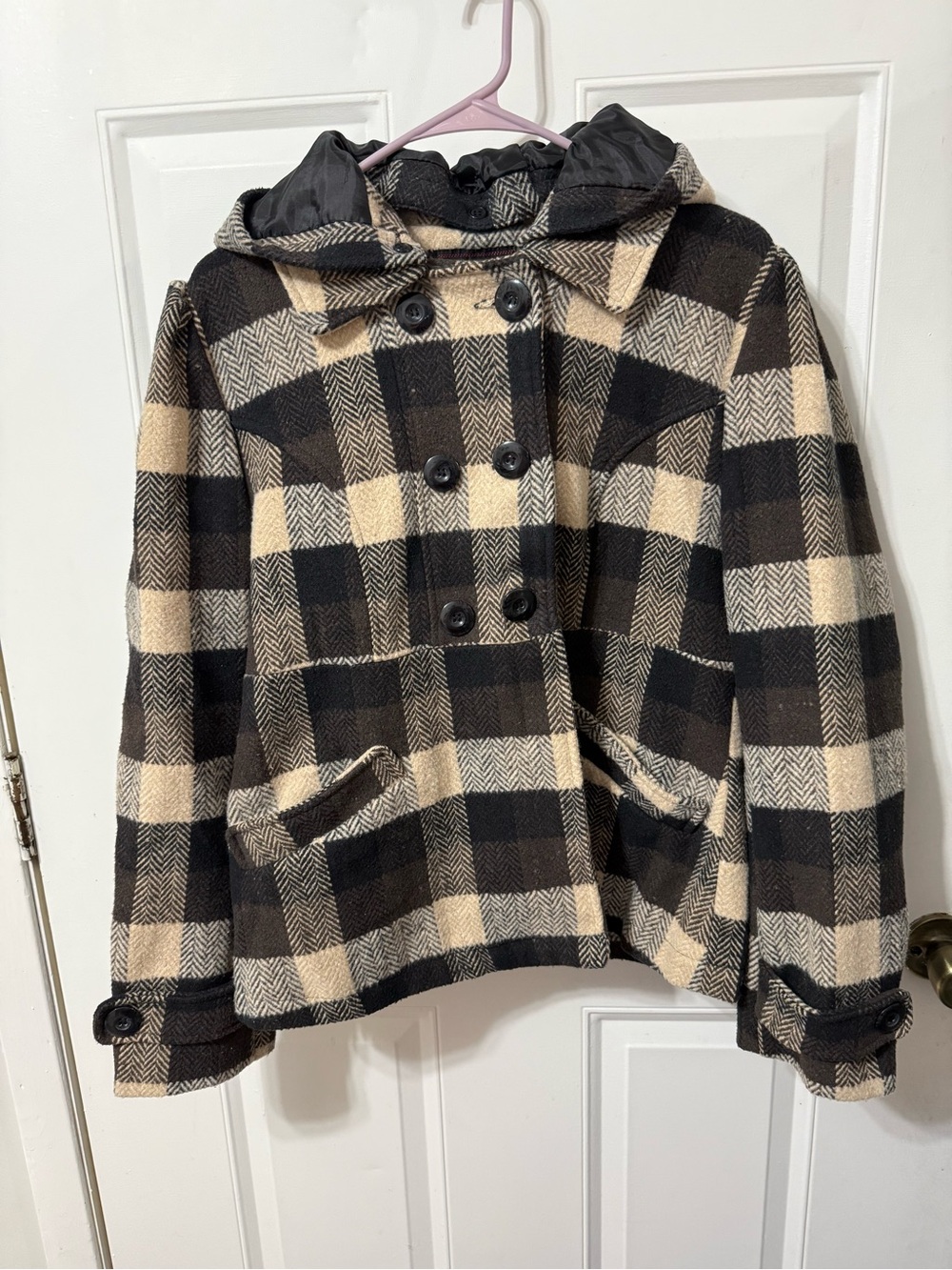 Yoki Black & Cream Plaid Hooded Double-Breasted Coat